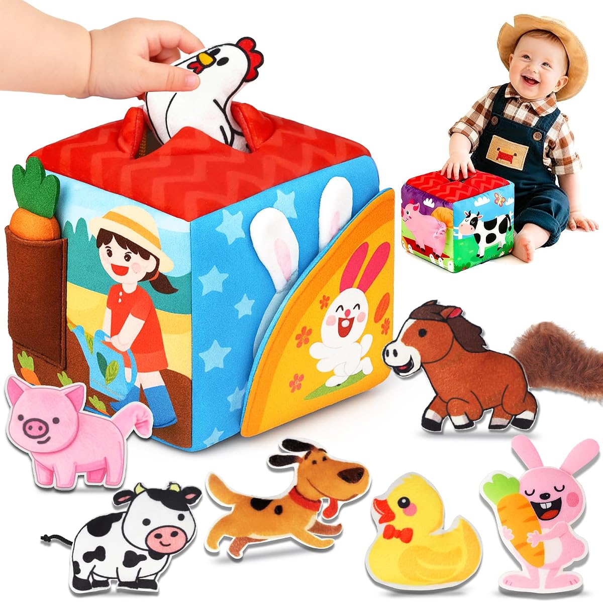 Soft Sensory Box with Stuffed Animals, Rattle and Mirror